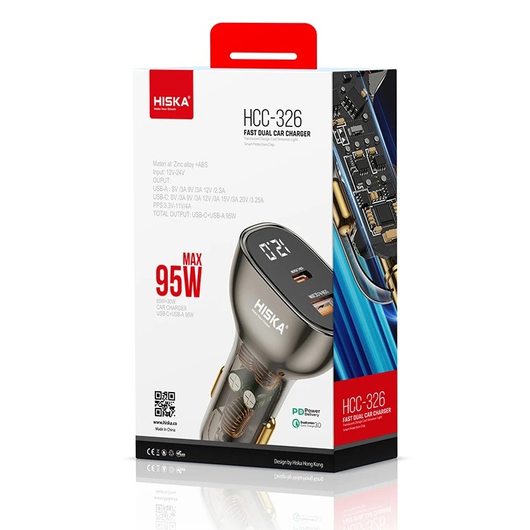 شارژر فندکی 95W فست و PD دو پورت HISKA مدل HCC-326